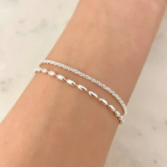 Sterling Silver Double Chain Layer Bracelet Shiny Sequin Dainty Chain Bracelet - Picture 3 of 3